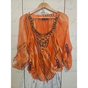 Hale Bob Orange Abstract Beaded Sequin Silk Blend Roll Tab Sleeve Blouse Small